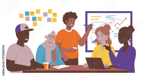 Diverse business team collaboratively brainstorming and developing innovative strategies in an engaging office meeting, depicted as a vibrant and modern flat design illustration