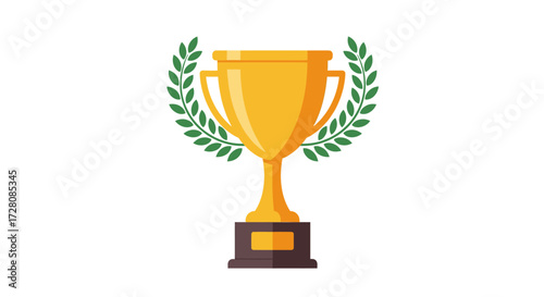 Golden trophy with laurel leaves on a white background, symbolizing achievement and victory