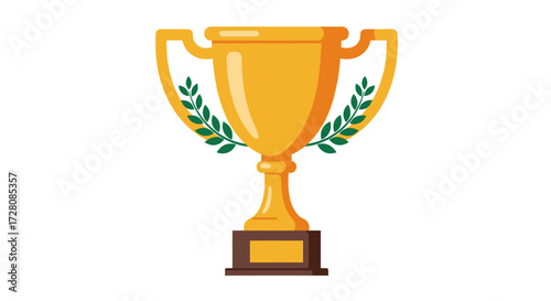 Golden trophy cup with a laurel wreath as a symbol of victory and achievement. Champion's first place award for a competition, vector illustration isolated on white