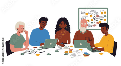 A diverse team of professionals engaged in a collaborative brainstorming session, planning a project strategy with notes and laptops in a modern office illustration