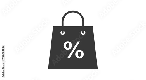 Simple shopping bag icon with a percentage sign symbolizing sales, discounts, and retail promotions. Isolated vector graphic for e-commerce