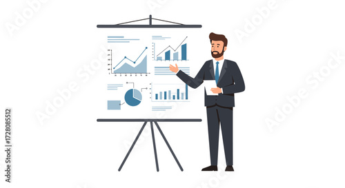 Business professional presenting data visualizations on a flip chart during a business meeting