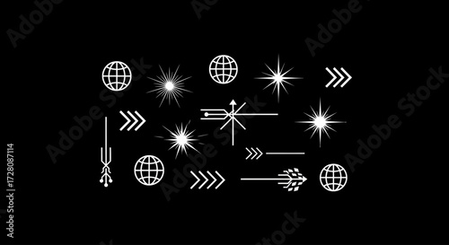 A collection of white graphic elements including globes, stars, lens flares, and various arrows on a black background, suitable for digital design.