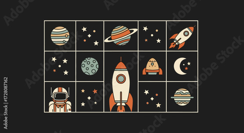 A grid of flat design space illustrations featuring planets, stars, rockets, and an astronaut on a dark background.