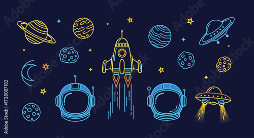 Hand-drawn space exploration doodles with rocket, planets, astronaut helmets, and UFOs on a dark background.