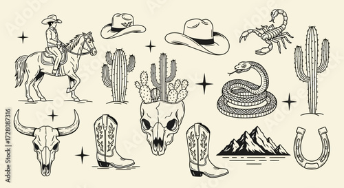 Vintage Western desert elements set with cowboy, horse, cactus, snake, scorpion, bull skull, boots, and mountains.