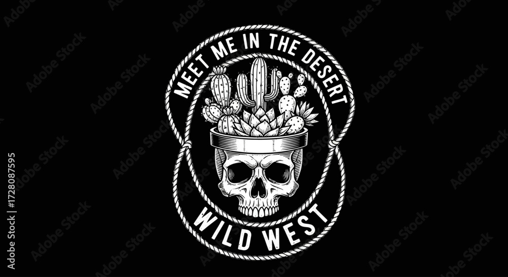 Fototapeta premium White graphic illustration of a skull with cacti and succulents in a pot on its head, encircled by a rope with 'MEET ME IN THE DESERT WILD WEST' text on a black background.