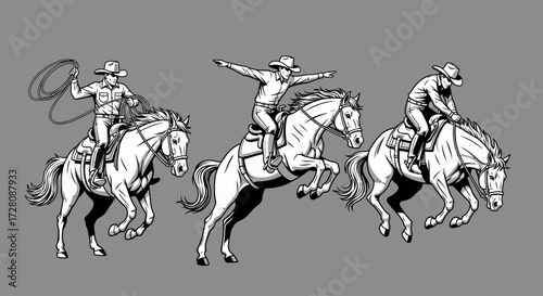 Three cowboys on horseback performing various rodeo and riding maneuvers in a dynamic black and white illustration.
