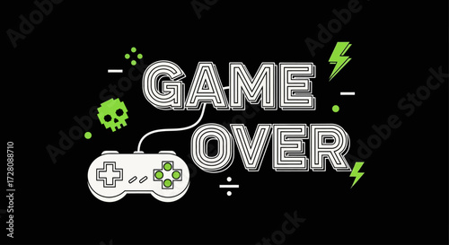 A stylized "GAME OVER" text with a classic video game controller and neon green accents on a black background, representing the end of a game.