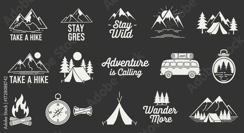 Collection of vintage outdoor adventure badges and logos featuring mountains, tents, campfires, and travel elements on a dark background.