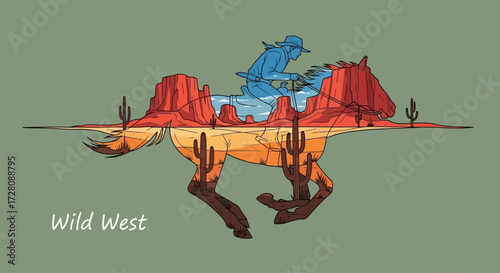 A creative double exposure illustration of a cowboy riding a horse, with the horse's body filled with a desert landscape featuring mesas and cacti, against a green background.