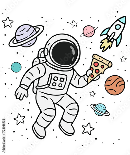 Vector Illustration of Astronaut Holding Pizza in Outer Space with Planets, Stars, and Cosmic Objects