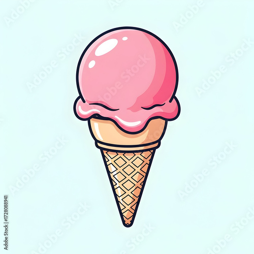 Ice Cream Cone Illustration with Pink Scoop on Light Blue