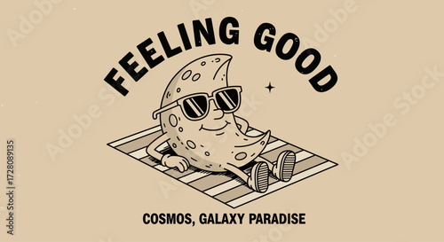 A vintage cartoon illustration of a crescent moon wearing sunglasses and relaxing on a beach towel with "FEELING GOOD" text.