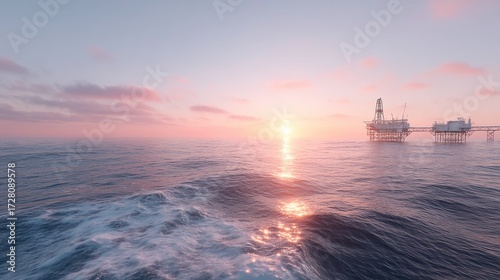 Offshore Oil Rig Platform at Sunset in Ocean with Pink Sky and Calm Water Reflecting Sunlight and Energy Production in Industrial Landscape