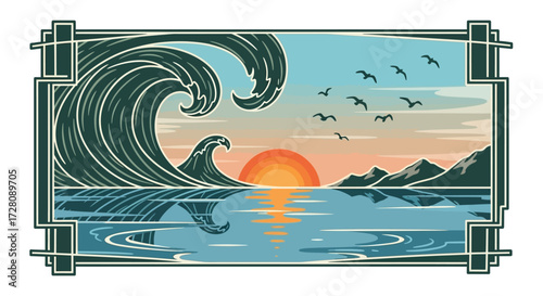 A stylized art deco landscape featuring a large ocean wave, a setting sun, flying birds, and distant mountains, reflected in calm water.