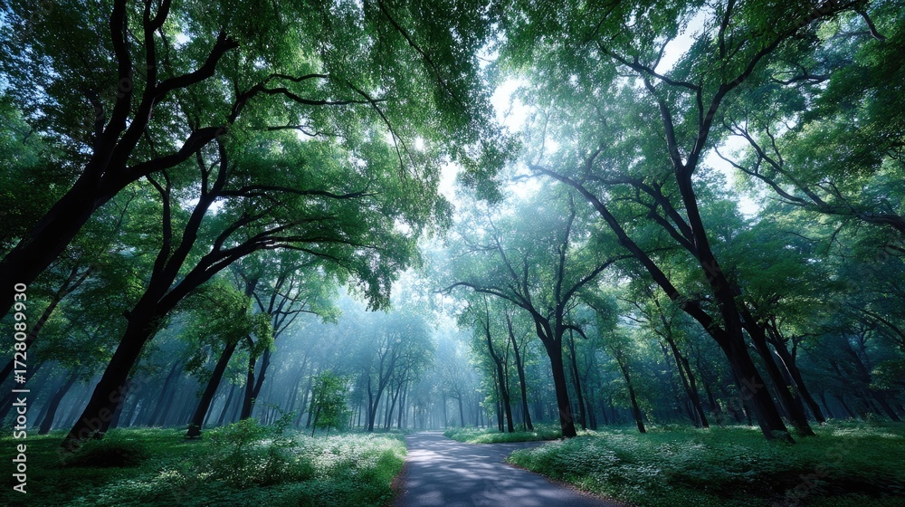 Obraz premium Sunlight Filtering Through Green Canopy in Forest with Sunlight and Leaves Landscape Scenery Serene Nature Greenery Environment Outdoors
