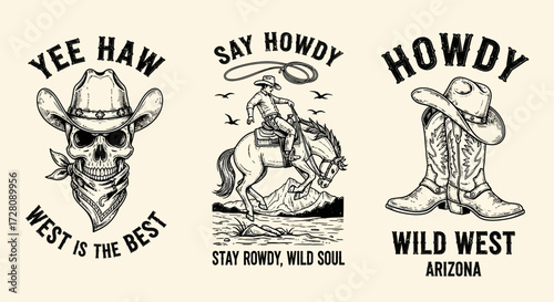Three vintage Western-themed illustrations featuring a skull in a cowboy hat, a cowboy riding a horse, and cowboy boots with a hat.