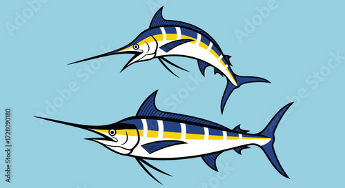 Two stylized blue marlin fish swimming against a light blue background, showcasing their distinctive features and vibrant colors.