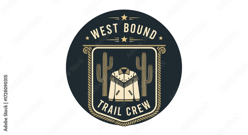 Fototapeta premium A circular logo for 'West Bound Trail Crew' featuring a fringed cowboy jacket, two cacti, stars, and rope-like borders, evoking a Western adventure theme.