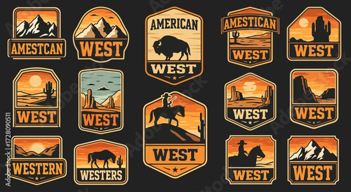 A collection of vintage American West badges and emblems featuring landscapes, animals, and cowboys in a retro style.