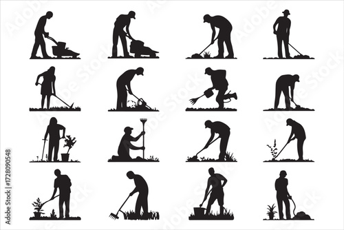 Gardening Silhouettes of People Working Outdoors