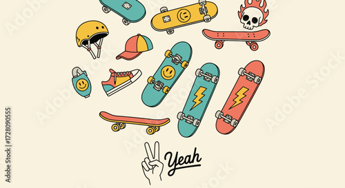 A vibrant collection of cartoon skateboards, helmet, cap, and shoe, arranged in a circular pattern with a peace sign and 'Yeah' text, depicting a fun skateboarding culture.
