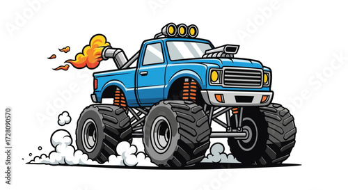 A cartoon illustration of a blue monster truck with large wheels, lifted suspension, and an exhaust pipe spewing smoke and flames.