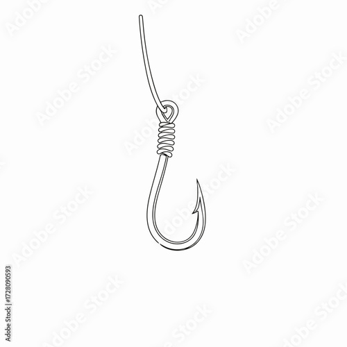 Fishing Hook Line Art Illustration. Simple metallic fishhook with attached line, isolated on white background.