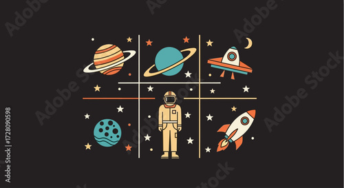 A colorful space-themed tic-tac-toe game illustration featuring planets, an astronaut, a rocket, and a UFO on a starry dark background.
