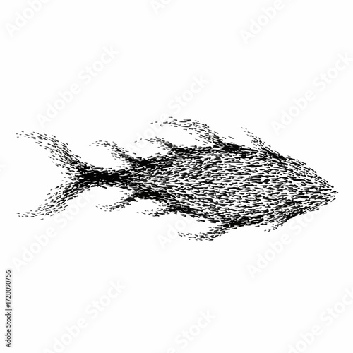 Abstract Fish Shape Formed by Swarm of Small Particles on White Background