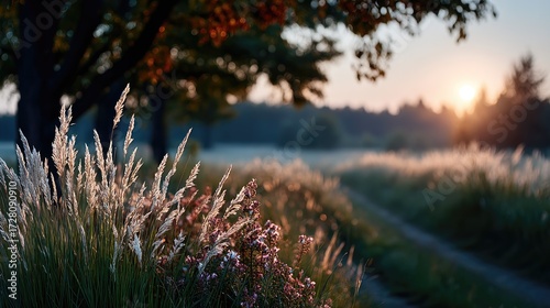 Sunlight Shining Through Meadow Grass with Autumn Trees and Foggy Field Landscape at Sunrise Golden Hour