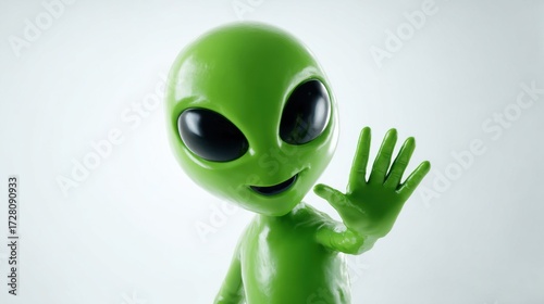 Friendly green alien waving at the camera on a white background