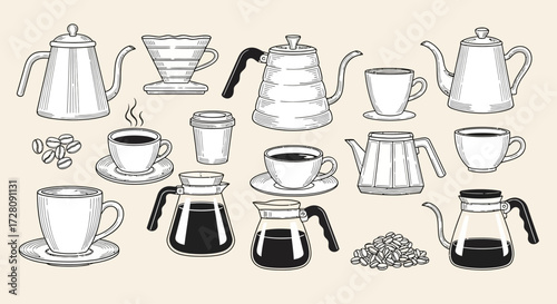 A collection of hand-drawn coffee brewing equipment and cups, including kettles, drippers, pots, and beans in a monochrome style.