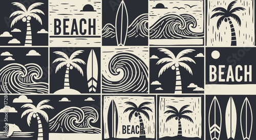 A collection of black and white illustrations depicting various beach and surfing scenes with palm trees, waves, and surfboards in a grid pattern.