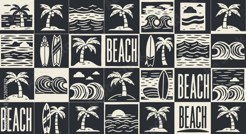 A black and white grid pattern featuring various beach and surf-related icons like palm trees, waves, surfboards, and the word 'BEACH' repeated.