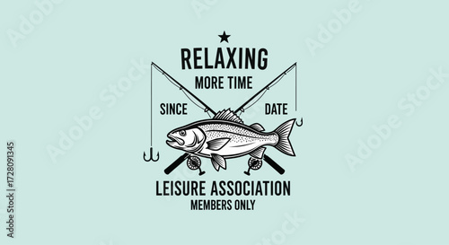 A vintage-style fishing emblem featuring a fish, crossed rods, and text for a leisure association, set against a light background.
