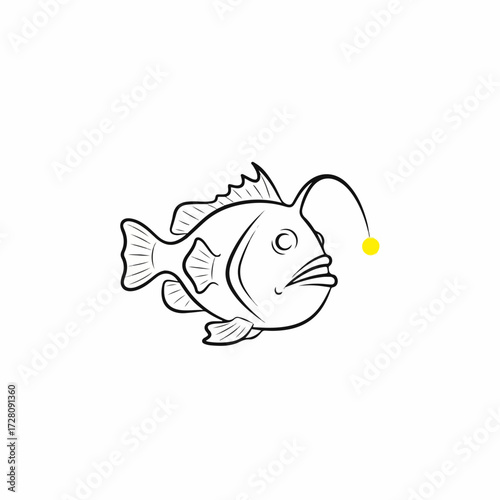 Minimalist Anglerfish Line Drawing with Yellow Lure, Deep Sea Creature Illustration on White Background