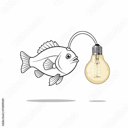 Creative anglerfish with vintage light bulb lure. Deep-sea fish illustration with glowing Edison bulb as bait, isolated on white.