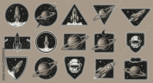 A collection of vintage monochrome space exploration badges featuring rockets, planets, and astronaut helmets in various shapes.