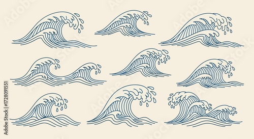 Set of vintage hand-drawn ocean waves in blue line art style, depicting various forms and movements of water, on a light background.