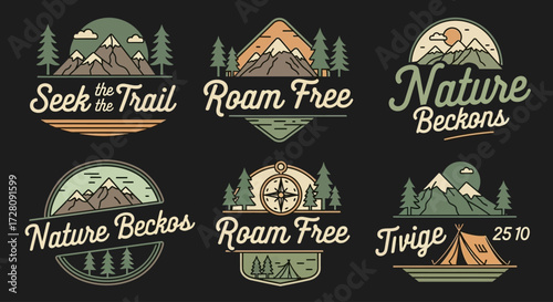 A collection of six vintage-style outdoor adventure logos featuring mountains, trees, and inspirational text like 'Seek the Trail', 'Roam Free', and 'Nature Beckons'.