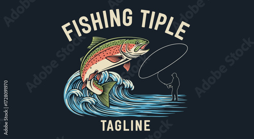 Vintage style graphic of a rainbow trout jumping out of water with a fly fisherman casting in the background, on a dark blue background.