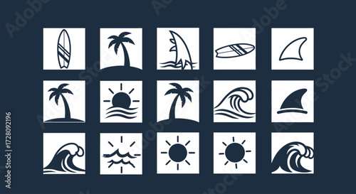 A collection of black and white silhouette icons representing surfing, beach, and ocean themes, including surfboards, palm trees, sun, waves, and shark fins.