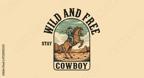 Vintage emblem of a cowboy on a rearing horse with 'Wild and Free' text.