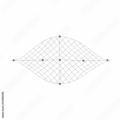Abstract eye-shaped mesh grid with connection points. Minimalist geometric structure, data visualization concept, digital design element.