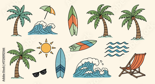 A collection of hand-drawn summer beach elements in a retro style, including palm trees, surfboards, and waves.