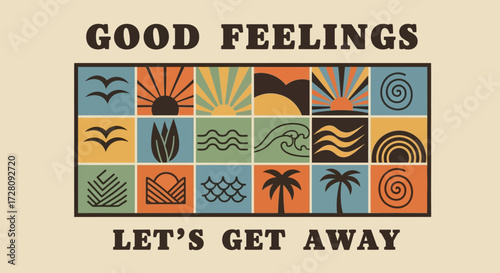Vintage-style travel poster with nature icons and the text 'Good Feelings, Let's Get Away'.