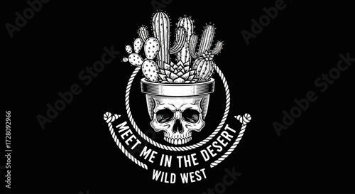 A monochrome Wild West themed illustration of a human skull used as a planter for various desert cacti.