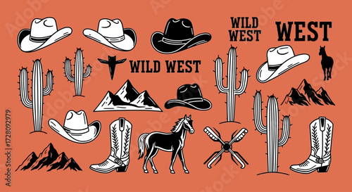 A collection of vintage Wild West icons including cowboy hats, boots, saguaro cacti, and mountains on a terracotta background.